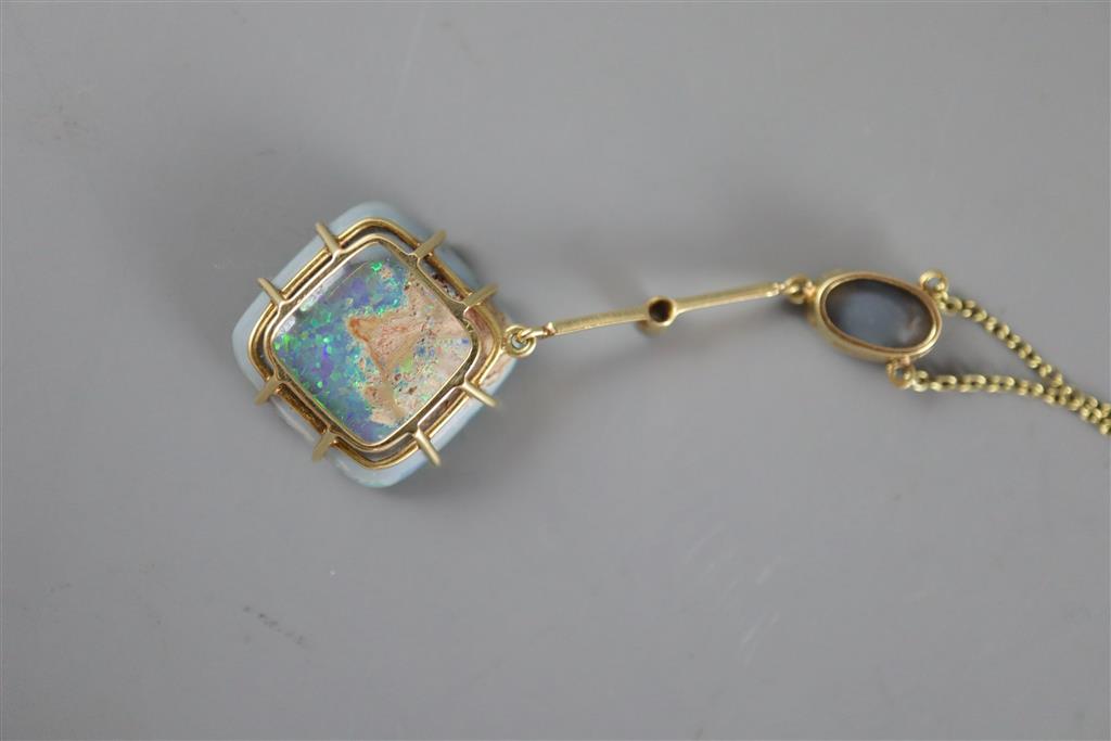 An early 20th century 15ct gold, diamond and two stone opal set drop pendant necklace,